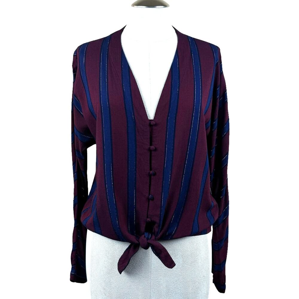 Women's Rails Sloane Janeiro Stripe Metallic Button Up V-neck Tie Front Blouse S